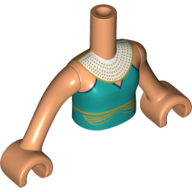 Visuel indicatif Rebrickable de Torse de mini-poupée Fille avec robe Turquoise foncée, bande d'or, blanc Collier motif imprimé, bras et mains nougat (Minidoll Torso Girl with Dark Turquoise Dress, Gold Band, White Necklace Print, Nougat Arms and Hands)
