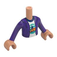 Torse de mini-poupée Fille avec veste violet foncé, tente orange, arbres bleu foncé, ciel turquoise foncé, motif imprimé au sol, bras et mains de nougat (Minidoll Torso Girl with Dark Purple Jacket, Orange Tent, Dark Blue Trees, Dark Turquoise Sky, Ground Print, Nougat arms and Hands)