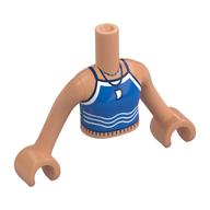 Torse de mini-poupée Fille avec costume de natation bleu, garniture blanche, vagues, dents comme motif imprimé pendentif, bras et mains nougat (Minidoll Torso Girl with Blue Swimming Suit, White Trim, Waves, Teeth as Pendant Print, Nougat Arms and Hands)