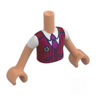 Visuel indicatif Rebrickable de Torse de mini-poupée Fille avec veste rouge foncé, or 'C', cravate rose foncé, motif imprimé chemise blanche, bras et mains nougat (Minidoll Torso Girl with Dark Red Jacket, Gold 'C', Dark Pink Tie, White Shirt Print, Nougat Arms and Hands)