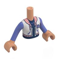 Visuel indicatif Rebrickable de Torse de mini-poupée Fille avec veste blanche, col rose chaud, lacets, manches violet bleu, motif imprimé chemise bleu foncé, bras et mains nougat (Minidoll Torso Girl with White Jacket, Warm Pink Collar, Laces, Blue Violet Sleeves, Dark Blue Shirt Print, Nougat Arms and Hands)