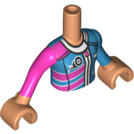 Visuel indicatif Rebrickable de Torse de mini-poupée Fille avec costume de course, fermetures à glissière, pneu motif imprimé, bras et mains nougat (Minidoll Torso Girl with Race Suit, Zippers, Tyre Print, Nougat Arms and Hands)