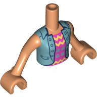Visuel indicatif Rebrickable de Torse de mini-poupée Fille avec gilet bleu métallique avec boutons, chemise violette avec lignes jaunes, motif imprimé fantômes bleu métallique, bras et mains nougat (Minidoll Torso Girl with Metallic Blue Vest with Buttons, Purple Shirt with Yellow Lines, Metallic Blue Ghosts Print, Nougat Arms and Hands)