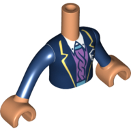 Visuel indicatif Rebrickable de Torse de mini-poupée Fille avec veste bleu foncé, chemise de lavande, lumineux jaune clair bordure motif imprimé, bras et mains nougat (Minidoll Torso Girl with Dark Blue Jacket, Lavender Shirt, Bright Light Yellow Trim Print, Nougat Arms and Hands)