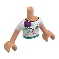Visuel indicatif Rebrickable de Torse de mini-poupée Fille avec chemise blanche, garniture noire, ceinture turquoise foncée, motif imprimé papillons, bras et mains nougat (Minidoll Torso Girl with White Shirt, Black Trim, Dark Turquoise Belt, Butterflies Print, Nougat Arms and Hands)