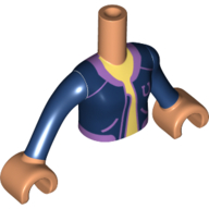 Torse de mini-poupée Fille avec veste bleu foncé, chemise jaune clair vif, motif imprimé Lavande bordure, bras et mains nougat (Minidoll Torso Girl with Dark Blue Jacket, Bright Light Yellow Shirt, Lavender Trim Print, Nougat Arms and Hands)