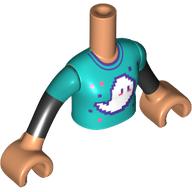 Mini-poupée torse fille avec chemise turquoise foncé avec fantôme blanc, manches noires motif imprimé, bras et mains nougat (Minidoll Torso Girl with Dark Turquoise Shirt with White Ghost, Black Sleeves Print, Nougat Arms and Hands)