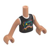 Visuel indicatif Rebrickable de Mini-poupée torse fille avec chemise noir/blanc, sombre azur/corail/clair contrôleur de jeu jaune motif imprimé, bras et mains nougat (Minidoll Torso Girl with Black/White shirt, Dark Azure/Coral/Bright Light Yellow Game Controller Print, Nougat Arms and Hands)