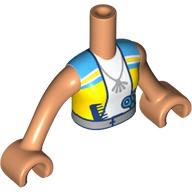 Torse de mini-poupée Fille avec chemise blanche/jaune/azur foncé, ciseaux, peigne, motif imprimé de ceinture argentée, bras et mains nougat (Minidoll Torso Girl with White/Yellow/Dark Azure Shirt, Scissors, Comb, Silver Belt Print, Nougat Arms and Hands)