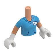 Visuel indicatif Rebrickable de Mini-poupée torse fille avec des gommages azur foncé, gants blancs, id badge motif imprimé, bras nougat, mains blanches (Minidoll Torso Girl with Dark Azure Scrubs, White Gloves, ID Badge Print, Nougat Arms, White Hands)