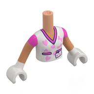 Torse de mini-poupée Fille avec chemise blanche, col rose foncé, cœurs rose vif, ID Badge motif imprimé, bras nougat, mains blanches (Minidoll Torso Girl with White Shirt, Dark Pink Collar, Bright Pink Hearts, ID Badge Print, Nougat Arms, White Hands)