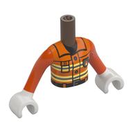 Visuel indicatif Rebrickable de Torse de mini-poupée Fille avec uniforme de pompier orange rougeâtre, rayures de sécurité jaune clair/argent clair, motif imprimé ceinture noire, bras orange rougeâtre, mains blanches (Minidoll Torso Girl with Reddish Orange Firefighter Uniform, Bright Light Yellow/Silver Safety Stripes, Black Belt Print, Reddish Orange Arms, White Hands)