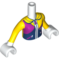 Visuel indicatif Rebrickable de Torse de mini-poupée Fille avec haut jaune avec motif imprimé bleu foncé et magenta Zip-avant, bras jaunes, mains blanches (Minidoll Torso Girl with Yellow Top with Dark Blue and Magenta Zip-Front Print, Yellow Arms, White Hands)