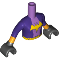 Visuel indicatif Rebrickable de Fille de torse de mini-poupée avec le symbole et la ceinture orange vif de chauve-souris, bras et mains violet foncé avec le motif imprimé de poignets orange vif, mains noires (Minidoll Torso Girl with Bright Light Orange Bat Symbol and Belt, Dark Purple Arms and Hands with Bright Light Orange Cuffs Print, Black Hands)