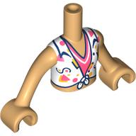 Visuel indicatif Rebrickable de Torse de mini-poupée Fille avec le dessus blanc, chemise de corail, motif imprimé de garniture bleu foncé, bras et mains beige chaud (Minidoll Torso Girl with White Top, Coral Shirt, Dark Blue trim Print, Warm Tan Arms and Hands)