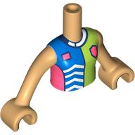 Torse de mini-poupée Fille avec chemise bleue / vert citron / corail, bouclier, motif : col bleu foncé, bras et mains beige chaud (Minidoll Torso Girl with Blue/Lime/Coral Shirt, Shield, Dark Blue Collar Print, Warm Tan Arms and Hands)