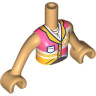 Visuel indicatif Rebrickable de Mini-poupée torse fille avec corail/brillant chemise orange clair, bleu foncé garniture motif imprimé, bras et mains beige chaud (Minidoll Torso Girl with Coral/Bright Light Orange Shirt, Dark Blue Trim Print, Warm Tan Arms and Hands)