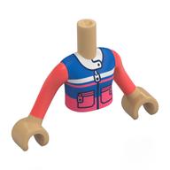 Torse de mini-poupée Fille avec veste bleue / corail, fermeture à glissière, poches, motif : col blanc, bras et mains beige chaud (Minidoll Torso Girl with Blue/Coral Jacket, Zipper, Pockets, White Collar Print, Warm Tan Arms and Hands)