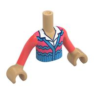 Torse de mini-poupée avec pull corail/azur foncé, chemise blanche avec motif imprimé col, mains chaudes (Minidoll Torso with Coral/Dark Azure Sweater, White Shirt with Collar Print, Warm Tan Hands)