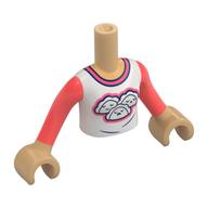 Visuel indicatif Rebrickable de Torse de mini-poupée Fille avec chemise blanche, manches corail, col, motif imprimé Tacos, bras et mains beige chaud (Minidoll Torso Girl with White Shirt, Coral Sleeves, Collar, Tacos Print, Warm Tan Arms and Hands)