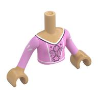 Visuel indicatif Rebrickable de Torse de mini-poupée Fille avec robe rose vif, garniture blanche, motif imprimé décorations argentées, bras et mains beige chaud (Minidoll Torso Girl with Bright Pink Dress, White Trim, Silver Decorations Print, Warm Tan Arms and Hands)