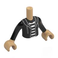 Visuel indicatif Rebrickable de Torse de mini-poupée Fille avec veste noire, capuche, lacets, blanc/noir rayé chemise motif imprimé, bras et mains beige chaud (Minidoll Torso Girl with Black Jacket, Hood, Laces, White/Black Striped Shirt Print, Warm Tan Arms and Hands)