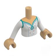 Visuel indicatif Rebrickable de Torse de mini-poupée Fille avec robe blanche, bordure turquoise foncée, motif imprimé décorations argentées, bras et mains beige chaud (Minidoll Torso Girl with White Dress, Dark Turquoise Trim, Silver Decorations Print, Warm Tan Arms and Hands)