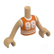 Visuel indicatif Rebrickable de Torse de mini-poupée Fille avec chemise orange rougeâtre, garniture blanche, rayé, motif imprimé '98', bras et mains beige chaud (Minidoll Torso Girl with Reddish Orange Shirt, White Trim, Striped, '98' Print, Warm Tan Arms and Hands)