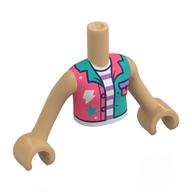 Visuel indicatif Rebrickable de Torse de mini-poupée Fille avec veste corail/turquoise foncée, taches de peinture, blanc/lavande rayé chemise motif imprimé, bras et mains beige chaud (Minidoll Torso Girl with Coral/Dark Turquoise Jacket, Paint Splotches, White/Lavender Striped Shirt Print, Warm Tan Arms and Hands)