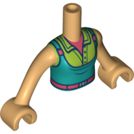 Visuel indicatif Rebrickable de Torse de mini-poupée Fille avec robe turquoise foncée, veste vert citron, ceinture de corail et motif imprimé chemise, bras et mains beige chaud (Minidoll Torso Girl with Dark Turquoise Dress, Lime Jacket, Coral Belt and Shirt Print, Warm Tan Arms and Hands)