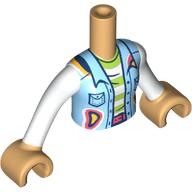 Visuel indicatif Rebrickable de Torse de mini-poupée Fille avec veste bleue moyenne, poches corail, ceinture, chemise rayée blanche / vert citron, bras et mains beige chaud (Minidoll Torso Girl with Medium Blue Jacket, Coral Pockets, Belt, White/Lime Striped Shirt, Warm Tan Arms and Hands)