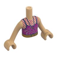 Visuel indicatif Rebrickable de Torse de mini-poupée Fille avec robe magenta, tourbillons rose vif, sangles bleu foncé, collier, motif imprimé ceinture or, bras et mains beige chaud (Minidoll Torso Girl with Magenta Dress, Bright Pink Swirls, Dark Blue Straps, Necklace, Gold Belt Print, Warm Tan Arms and Hands)