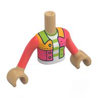 Mini-poupée torse fille avec corail/brillant veste orange clair/vert citron patché, vert citron/blanc rayures chemise motif imprimé, bras et mains beige chaud (Minidoll Torso Girl with Coral/Bright Light Orange/Lime Patched Jacket, Lime/White Stripes Shirt Print, Warm Tan Arms and Hands)