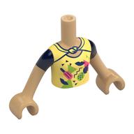 Torse de mini-poupée Fille avec chemise jaune clair vif, motif imprimé manches bleu foncé, bras et mains beige chaud (Minidoll Torso Girl with Bright Light Yellow Shirt, Dark Blue Sleeves Print, Warm Tan Arms and Hands)