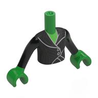 Visuel indicatif Rebrickable de Torse de mini-poupée Fille avec veste noire, garniture argentée, motif imprimé de boutons, bras et mains vert vif (Minidoll Torso Girl with Black Jacket, Silver Trim, Buttons Print, Bright Green Arms and Hands)