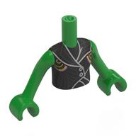 Visuel indicatif Rebrickable de Torse de mini-poupée Fille avec veste noire, garniture argentée, boutons, motif imprimé décorations or, bras et mains vert vif (Minidoll Torso Girl with Black Jacket, Silver Trim, Buttons, Gold Decorations Print, Bright Green Arms and Hands)