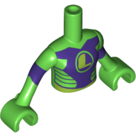Visuel indicatif Rebrickable de Torse de mini-poupée Fille avec haut avec poitrine et rayures violet foncé, vert citron 'L', bras avec motif imprimé rayures violet foncé, mains vert vif (Lena Luthor) (Minidoll Torso Girl with Top with Dark Purple Chest and Stripes, Lime 'L', Arms with Dark Purple Stripes Print, Bright Green Hands (Lena Luthor))
