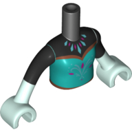 Visuel indicatif Rebrickable de Torse de mini-poupée Fille avec robe turquoise foncée, chemise noire, motif imprimé manches, mains vert d’eau clair (Minidoll Torso Girl with Dark Turquoise Dress, Black Shirt, Sleeves Print, Light Aqua Hands)