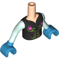 Visuel indicatif Rebrickable de Torse de mini-poupée Fille avec le dessus noir avec le motif imprimé de fleur, bras vert d’eau clair, mains azur foncé (Minidoll Torso Girl with Black Top with Flower Print, Light Aqua Arms, Dark Azure Hands)