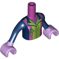 Visuel indicatif Rebrickable de Torse de mini-poupée Fille avec haut bleu foncé avec motif imprimé vert citron et Magenta rayures, bras bleu foncé, mains lavande (Minidoll Torso Girl with Dark Blue Top with Lime and Magenta Stripes Print, Dark Blue Arms, Lavender Hands)