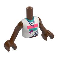 Visuel indicatif Rebrickable de Torse de mini-poupée Fille avec chemise à cravate blanche, Rectangles corail/turquoise foncée, Flèche magenta, Collier bleu foncé motif imprimé, bras et mains brun rougeâtre (Minidoll Torso Girl with White Tied Shirt, Coral/Dark Turquoise Rectangles, Magenta Arrow, Dark Blue Necklace Print, Reddish Brown Arms and Hands)