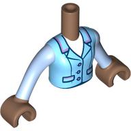 Visuel indicatif Rebrickable de Torse de mini-poupée Fille avec veste moyenne Azur, manches bleu clair lumineux, motif imprimé chemise blanche, bras bleu clair lumineux, bras brun moyen Mains (Minidoll Torso Girl with Medium Azure Jacket, Bright Light Blue Sleeves, White Shirt Print, Bright Light Blue Arms, Medium Brown Arms Hands)