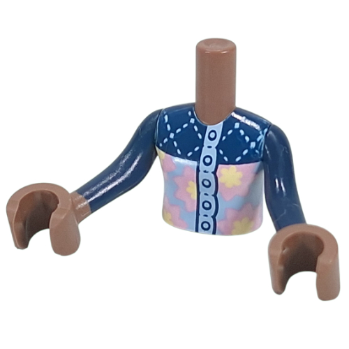 Visuel indicatif Rebrickable de Torse de mini-poupée Fille avec veste bleu foncé, bleu clair vif/rose clair/fleurs jaune clair, motif imprimé fermeture éclair, bras bleu foncé, mains brun moyen (Minidoll Torso Girl with Dark Blue Jacket, Bright Light Blue/Bright Pink/Bright Light Yellow Flowers, Zipper Print, Dark Blue Arms, Medium Brown Hands)