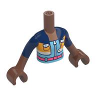 Visuel indicatif Rebrickable de Torse de mini-poupée Fille avec veste orange clair bleu foncé/brillant, robe bleu clair lumineux, ceinture corail, motif imprimé fermeture éclair, bras et mains brun moyen (Minidoll Torso Girl with Dark Blue/Bright Light Orange Jacket, Bright Light Blue Dress, Coral Belt, Zipper Print, Medium Brown Arms and Hands)