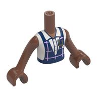 Visuel indicatif Rebrickable de Torse de mini-poupée Fille avec veste bleu foncé, rayures lavande, or 'U', motif imprimé chemise blanche, bras et mains brun moyen (Minidoll Torso Girl with Dark Blue Jacket, Lavender Stripes, Gold 'U', White Shirt Print, Medium Brown Arms and Hands)