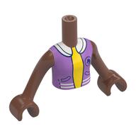 Visuel indicatif Rebrickable de Torse de mini-poupée Fille avec veste lavande moyen, garniture blanche, cheval bleu foncé, motif : chemise jaune, bras et mains brun moyen (Minidoll Torso Girl with Medium Lavender Jacket, White Trim, Dark Blue Horse, Yellow Shirt Print, Medium Brown Arms and Hands)