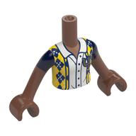 Visuel indicatif Rebrickable de Torse de mini-poupée Fille avec la chemise jaune/bleue de diamant, chemise blanche, motif imprimé d'or 'U', bras et mains brun moyen (Minidoll Torso Girl with Yellow/Blue Diamond Shirt, White Shirt, Gold 'U' Print, Medium Brown Arms and Hands)