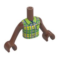 Visuel indicatif Rebrickable de Torse de mini-poupée Fille avec chemise à carreaux gris foncé/vert citron/jaune, motif imprimé bleu foncé, bras et mains brun moyen (Minidoll Torso Girl with Dark Bluish Gray/Lime/Yellow Checkers Shirt, Dark Blue Trim Print, Medium Brown Arms and Hands)