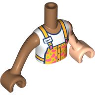Visuel indicatif Rebrickable de Mini-poupée torse fille avec tablier orange clair lumineux, id tag, cœurs de corail, chemise blanche, nougat moyen vitiligo patchs sur le bras gauche motif imprimé, nougat clair bras gauche et main, nougat moyen bras droit et main (Minidoll Torso Girl with Bright Light Orange Apron, ID Tag, Coral Hearts, White Shirt, Medium Nougat Vitiligo Patches on Left Arm Print, Light Nougat Left Arm and Hand, Medium Nougat Right Arm and Hand)