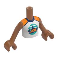Torse de mini-poupée Fille avec tente orange, arbres bleu foncé, ciel turquoise foncé, motif imprimé au sol, bras et mains brun terre de sienne (Minidoll Torso Girl with Orange Tent, Dark Blue Trees, Dark Turquoise Sky, Ground Print, Sienna Brown Arms and Hands)